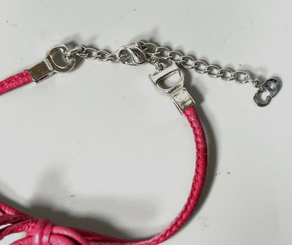 Christian Dior CD Logo Charm Leather Bow Bracelet Pink Silver Tone 6.7-8.7in