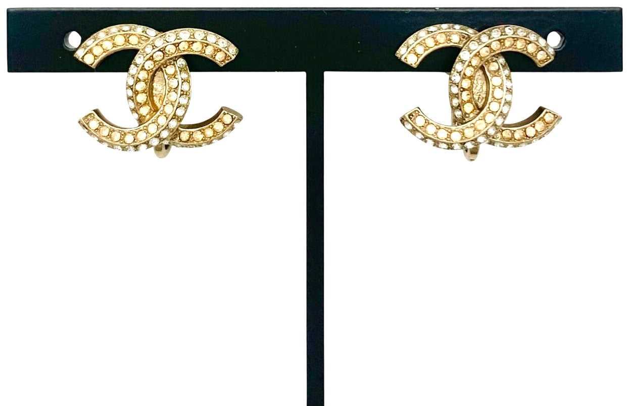CHANEL CC Logo Earrings 11P Crystal Rhinestone Double Row Gold Tone Authentic