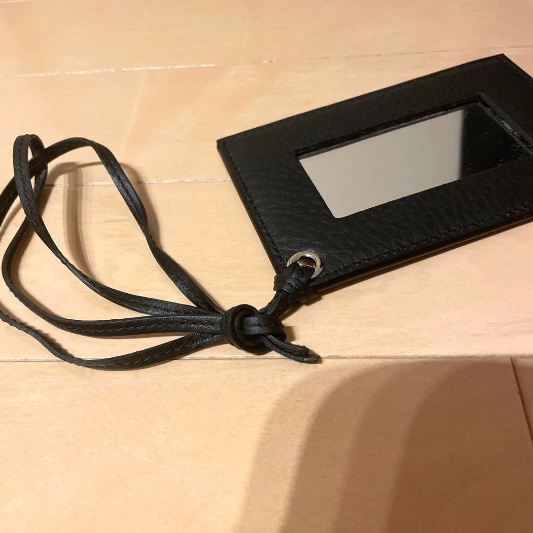 BALENCIAGA Leather Compact Hand Mirror Pocket Mirror Black Strap Logo Embossed
