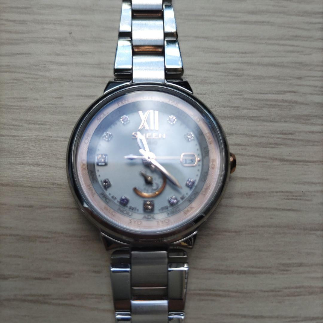 CASIO SHEEN SHW-1507 Multi Band 6 Solar Womens Watch Silver Pink Gold Stones