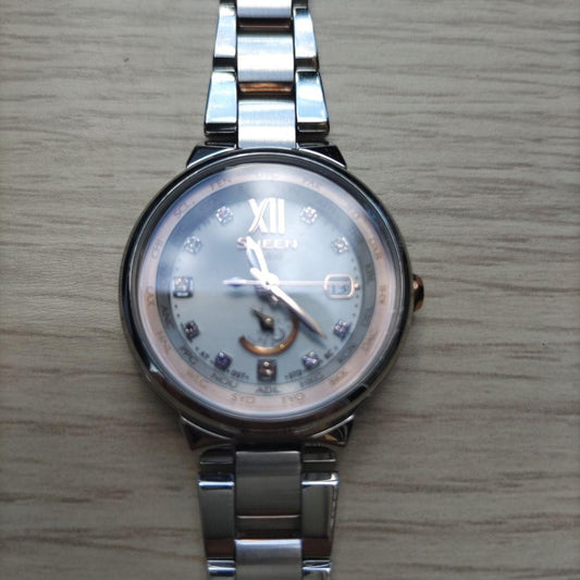 CASIO SHEEN SHW-1507 Multi Band 6 Solar Womens Watch Silver Pink Gold Stones