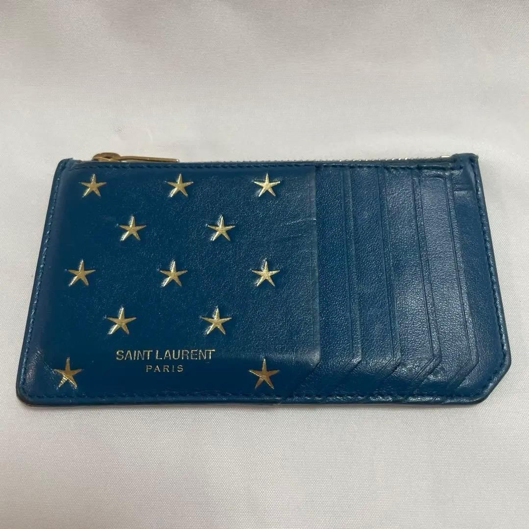 Saint laurent Blue Leather Gold Star Fragment Case Coin Purse 7.5x13cm 2.9x5.1in