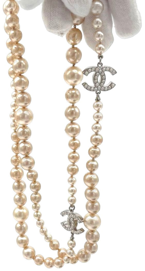 CHANEL Long Pearl Necklace CC Logo Cream Faux Pearl Silver HW 90cm 35.4" Used