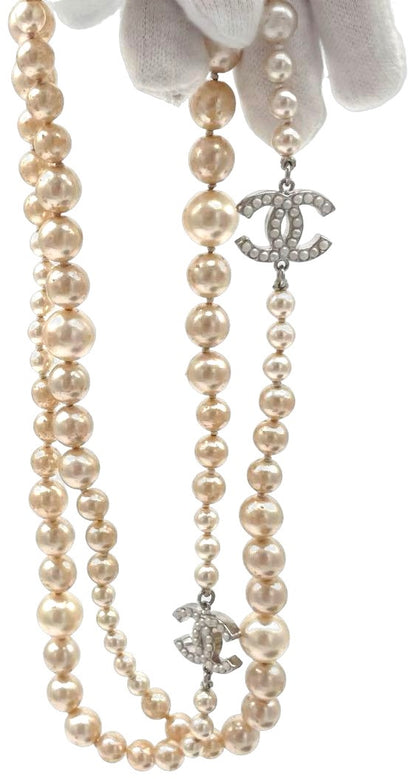 CHANEL Long Pearl Necklace CC Logo Cream Faux Pearl Silver HW 90cm 35.4" Used