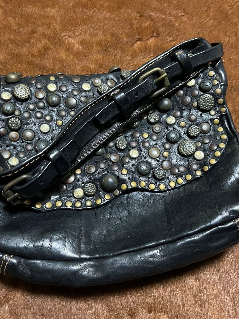 CAMPOMAGGI Studded Leather Shoulder Bag Charcoal Gray Italy Thick Vintage Boho