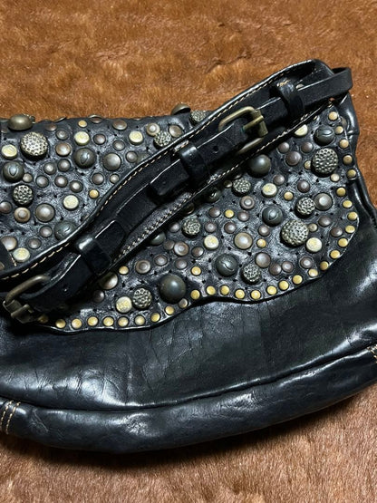 CAMPOMAGGI Studded Leather Shoulder Bag Charcoal Gray Italy Thick Vintage Boho