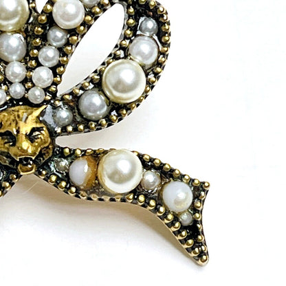 GUCCI Cat Ribbon Bow Pearl Earrings Antique Gold Tone Faux Pearl Stud Authentic