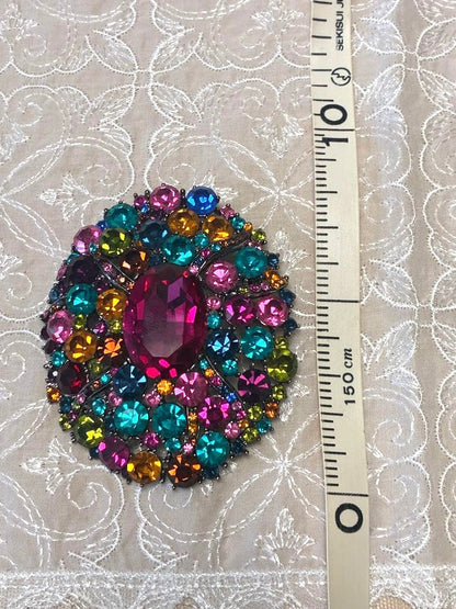 Christian Lacroix Multicolor Crystal Brooch Pin Pink Teal Gold Rhinestone Paris