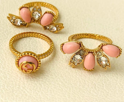 GUCCI Flower Ring Set 3-Band Coral Pink Crystal Gold Tone SizeS US6.5 EUR52 Auth