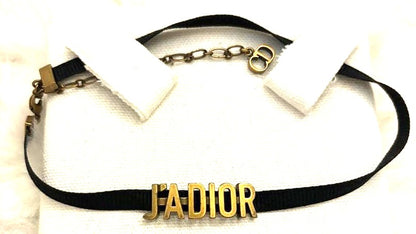Christian Dior J'ADIOR Choker Necklace Black Ribbon Antique Gold Logo Authentic