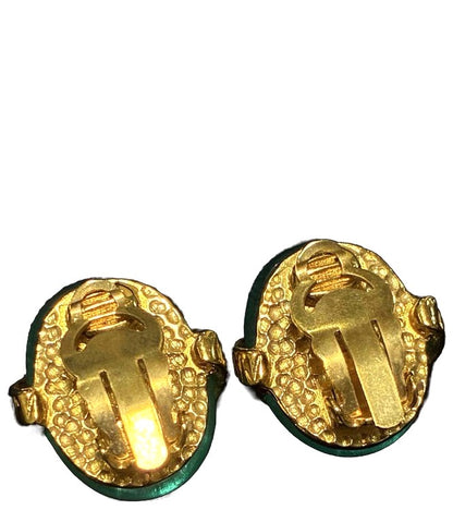 CHANEL Vintage Clip-On Earrings Green Gold Logo Ring Resin Authentic Used