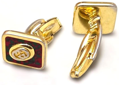 GUCCI GG Logo Cufflinks Red Green Cloisonne Enamel Gold Tone Vintage Authentic