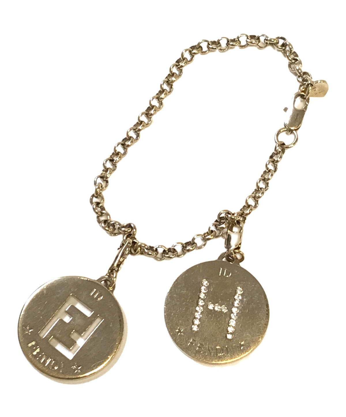 FENDI Zucca FF Logo Charm Bracelet Gold Tone Chain Rhinestone H Initial Italy