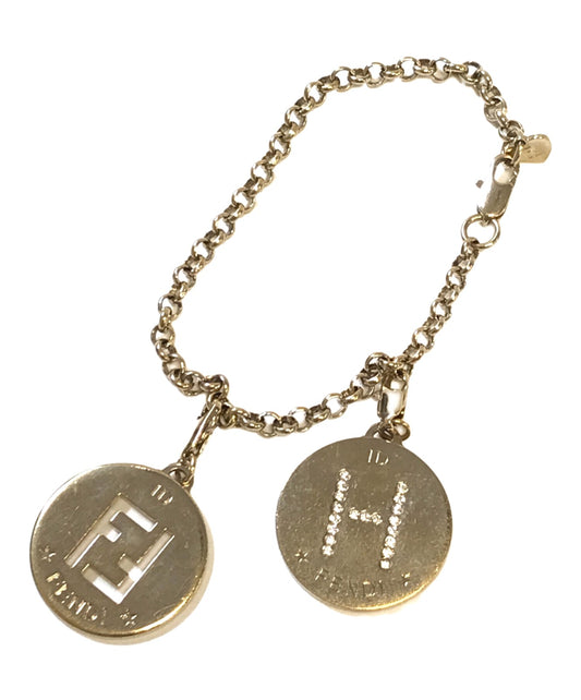 FENDI Zucca FF Logo Charm Bracelet Gold Tone Chain Rhinestone H Initial Italy