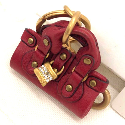 Chloe Paddington Bag Charm Key Ring Red Leather Gold HW Crystal Lock 2.2x2.2in