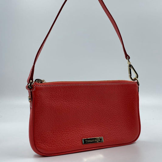 Excellent Tiffany & Co Red Pink Leather Accessory Pouch Cosmetic Organizer
