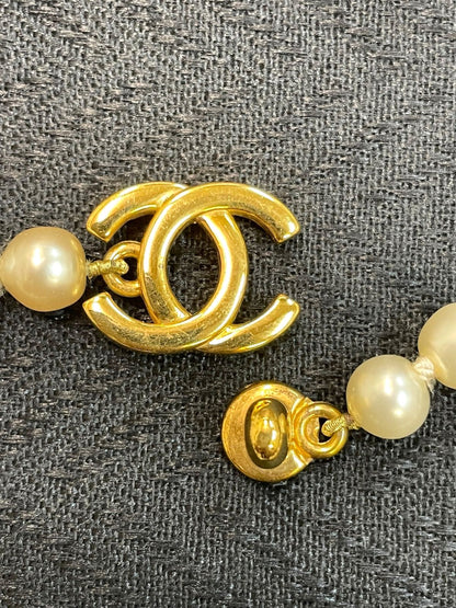CHANEL CC Turnlock Faux Pearl Necklace Cream Gold Hardware Vintage Authentic