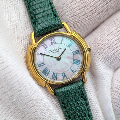 Christian Dior Paris Vintage Watch Shell Dial Gold Green Leather 25.8mm Swiss