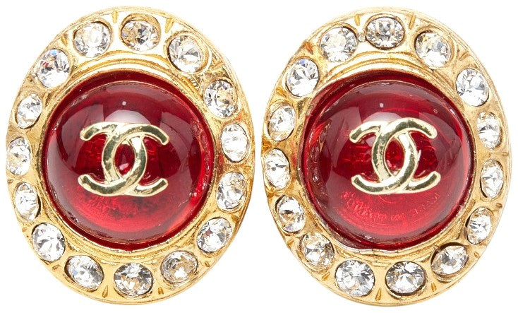 CHANEL CC Logo Gripoix Clip-on Earrings Gold Red Glass Rhinestone 27mm Authentic