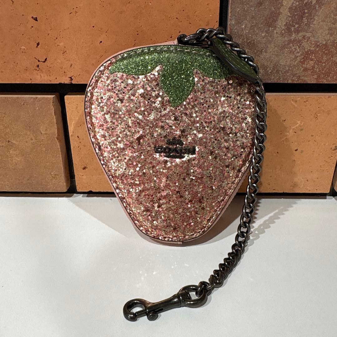 COACH Strawberry Coin Purse Case Pink Glitter Leather Bag Charm Chain Keyring