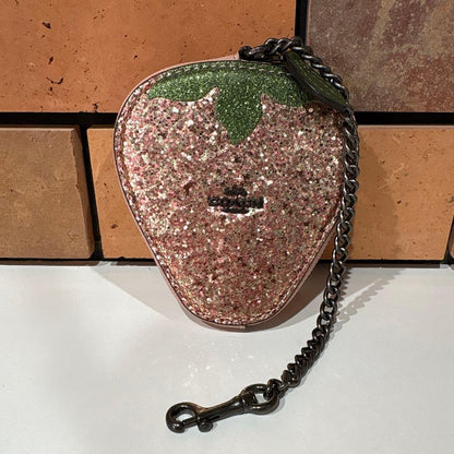 COACH Strawberry Coin Purse Case Pink Glitter Leather Bag Charm Chain Keyring