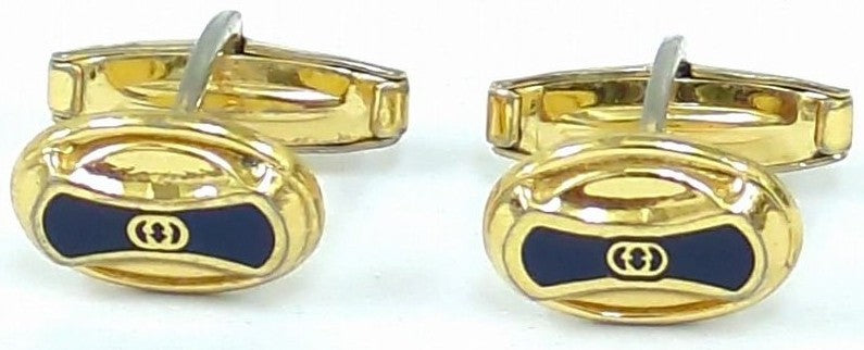 GUCCI Vintage Cufflinks Navy Blue Enamel Gold Tone Interlocking G Mens Italy