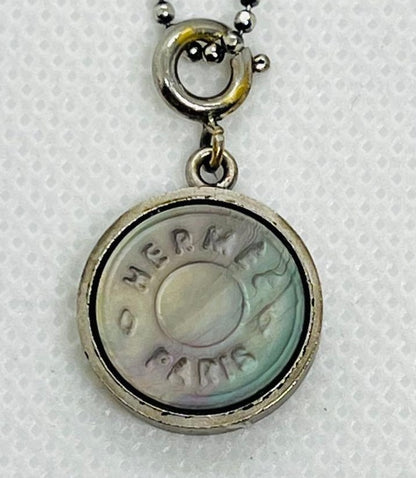 HERMES Silver Tone Metal Mother of Pearl Sellier Shell Pendant Top Charm
