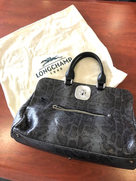 Longchamp Turn Lock Handbag Tote Exotic Leather Gray Silver HW Auth 11x15.7"