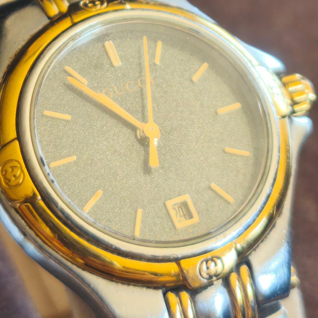 Gucci 9040L Gold Silver Tone Glitter Dial Date Quarts Watch Women With Box