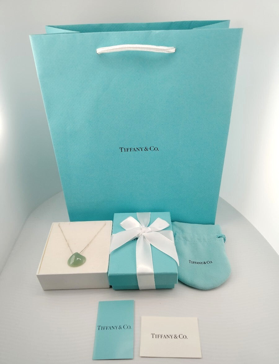 Tiffany & Co Jade Pendant Necklace Green Sterling Silver Chain 40cm(15.7") New