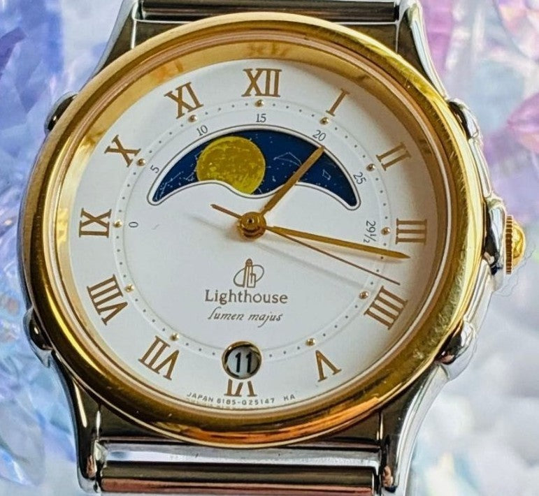 Citizen Lighthouse Lumen Majus Moon Phase Vintage Mens Watch Gold Silver Cream