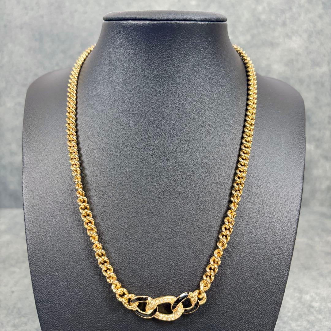 Excellent Christian Dior Rhinestone Black Enamel Gold Tone Curb Chain Necklace