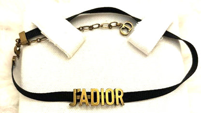 Christian Dior J'ADIOR Choker Necklace Black Ribbon Antique Gold Logo Authentic