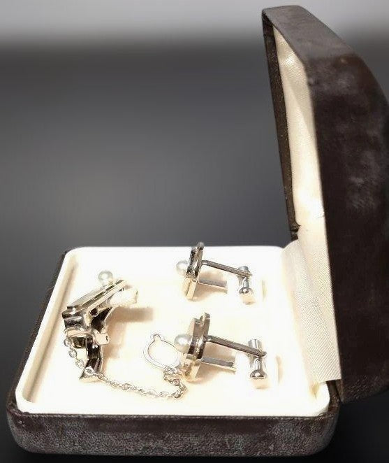 MIKIMOTO Pearl Cufflinks Tie Clip Bar Set Gold Silver Two-Tone w/ Box 2.0in