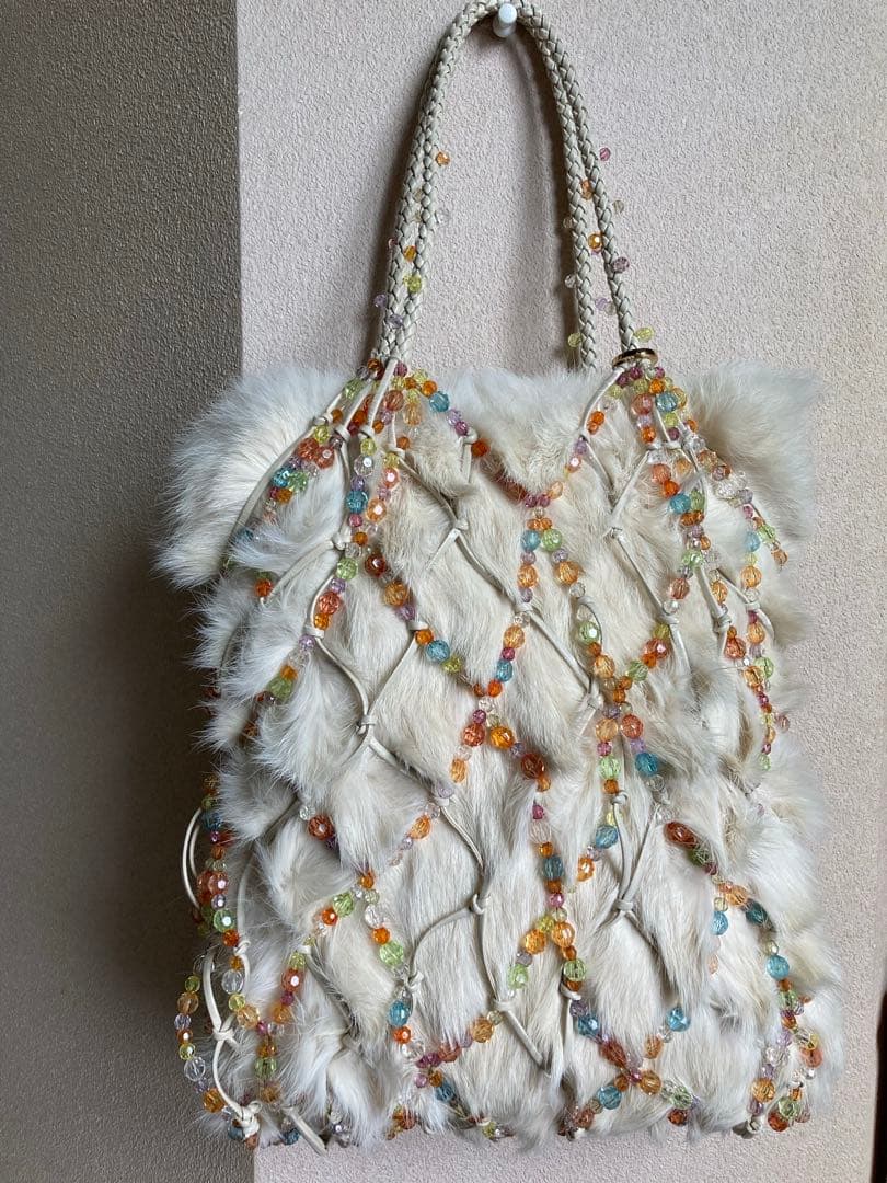 ANTEPRIMA 2way Real Rabbit Fur Bag Multicolor Beaded Net Tote Shoulder White