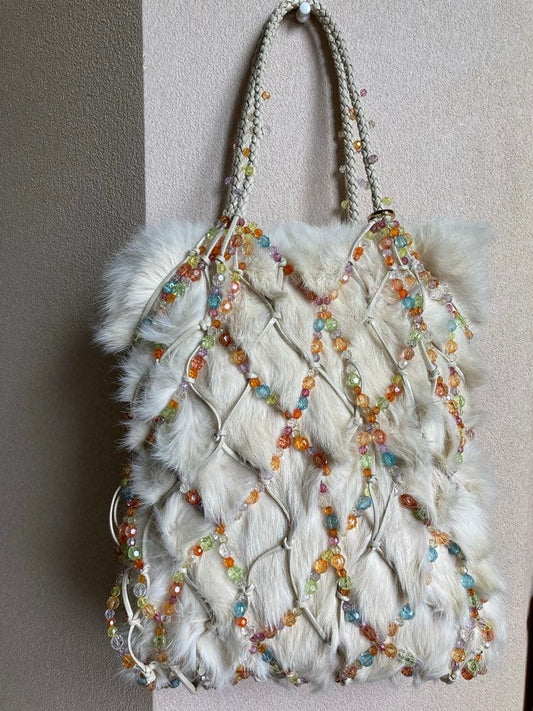 ANTEPRIMA 2way Real Rabbit Fur Bag Multicolor Beaded Net Tote Shoulder White