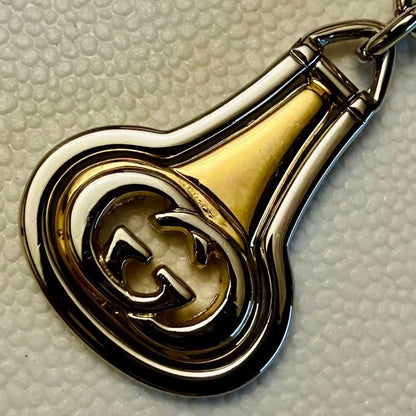 Gucci Auth Old GG Interlocking Logo Keychain Bag Charm Silver Gold 11.5 cm Used