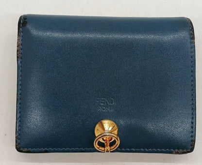 FENDI Bifold Wallet Blue Teal Leather Gold Hardware Compact Coin Purse 12x10cm