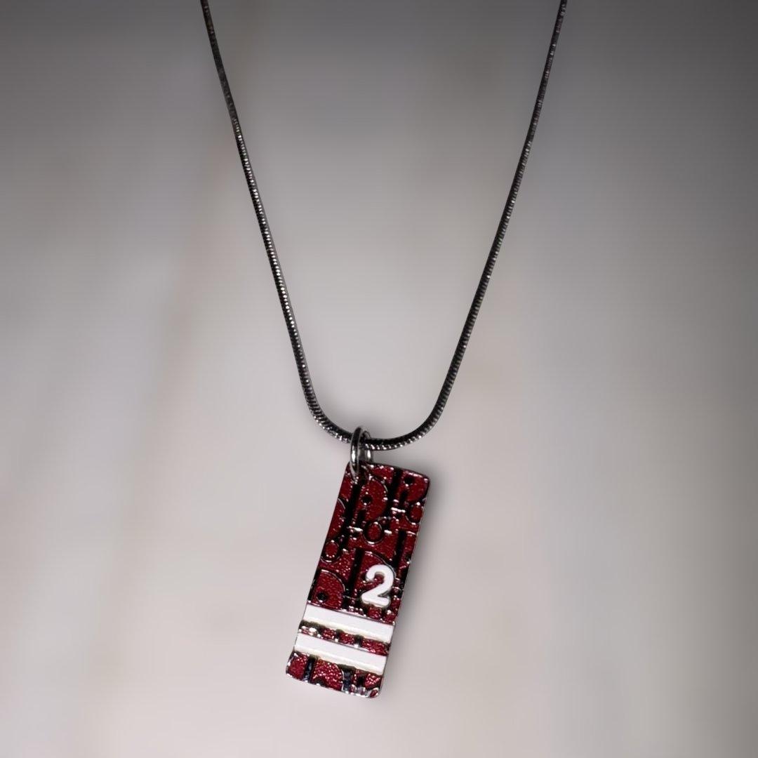 Christian Dior Trotter No2 Silver Tone Metal Red Square Plate Necklace