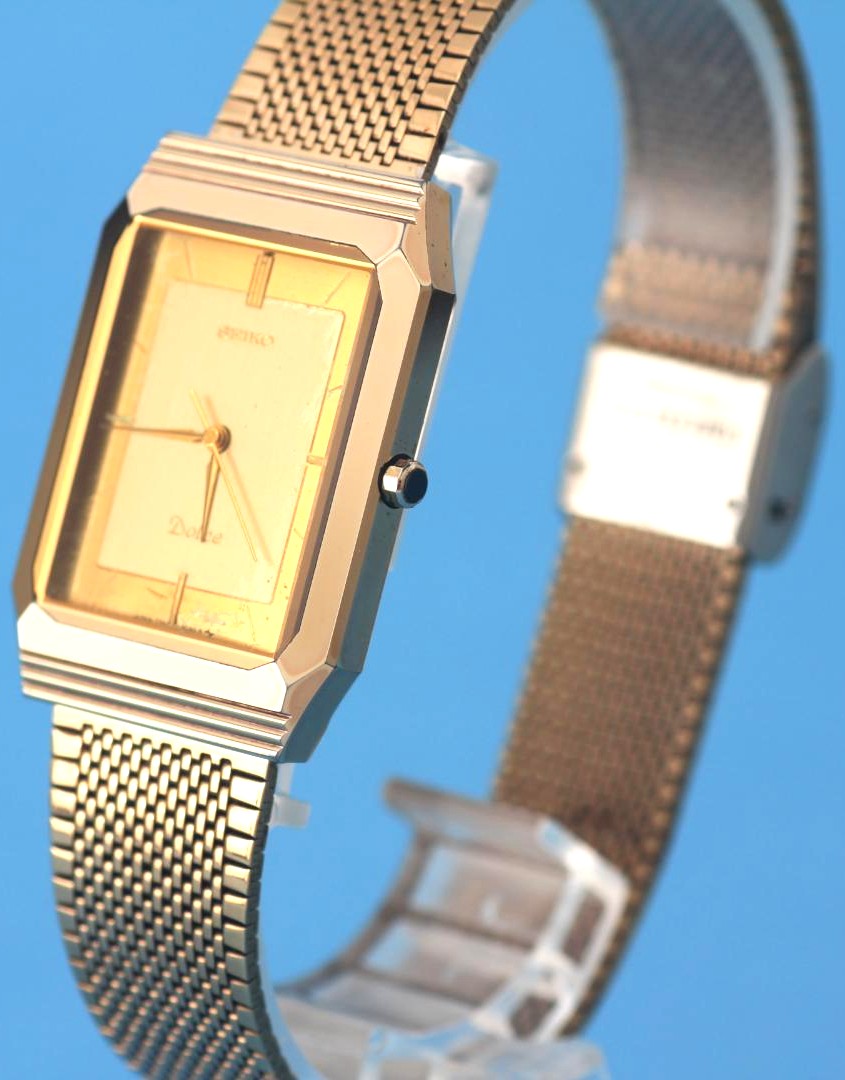 SEIKO Dolce 7741-508A Quartz Rectangle Watch Gold Tone Mesh Band Vintage 36.5mm
