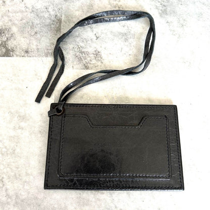 BALENCIAGA Black Leather Mirror Card Case ID Holder Neck Strap Lanyard Authentic