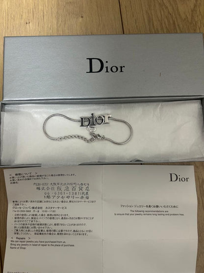 Excellent Christian Dior Silver Tone Logo Snake Chain Bracelet 23cm Adjustable