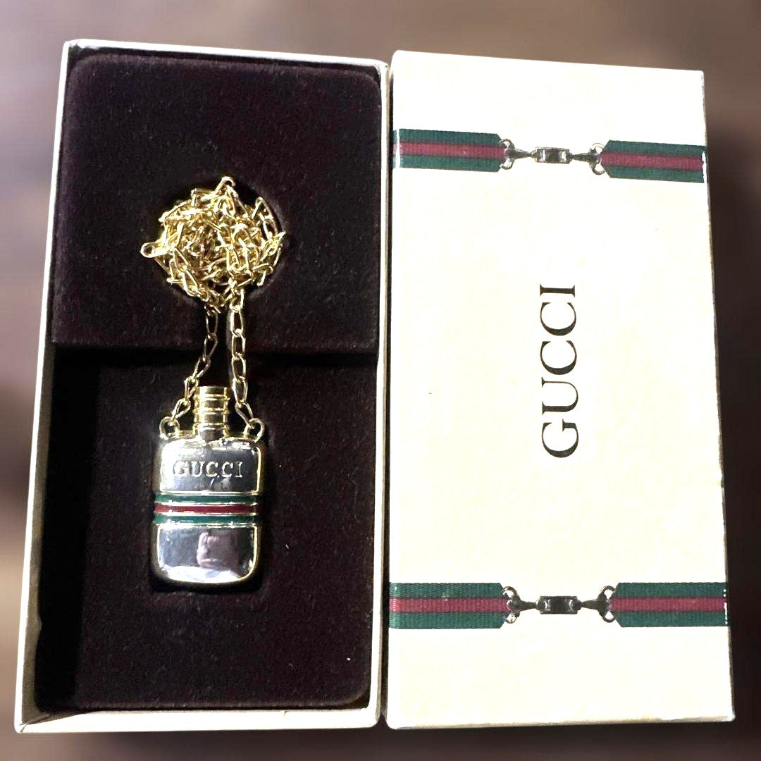 GUCCI Perfume Bottle Pendant Necklace Sherry Line Gold Silver Vintage Authentic