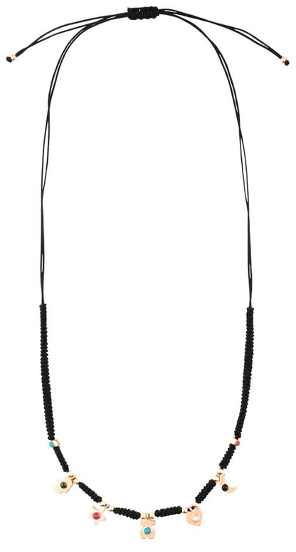 TOUS Super Power Charm Necklace Black Cord Rose Vermeil Silver Gemstone Spain