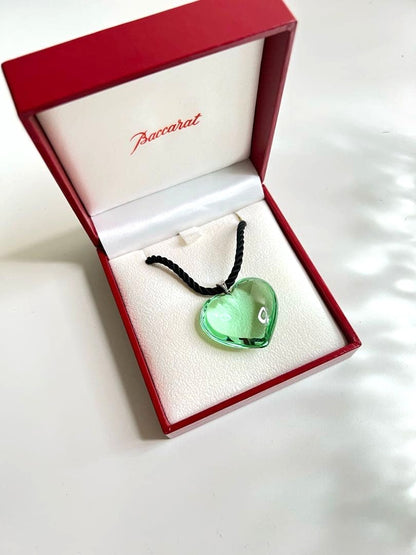 Baccarat Heart Pendant Necklace Green Crystal Glass Silver Bail Black Cord Box