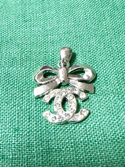 CHANEL Vintage CC Logo Bow Pendant Top Silver Rhinestone Charm Authentic Used