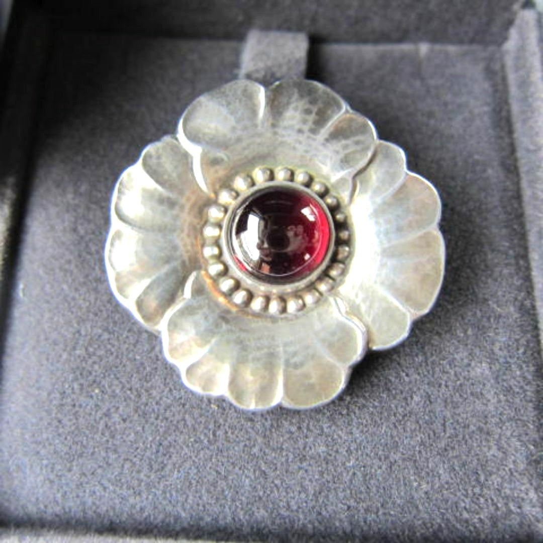 Georg Jensen Brooch #189 Art Nouveau Sterling Silver Garnet Cabochon Denmark VTG
