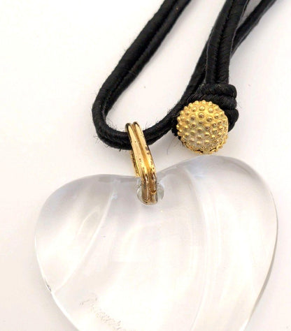 Baccarat Crystal Heart Pendant Necklace Clear Motif Gold Tone Black Cord Ladies