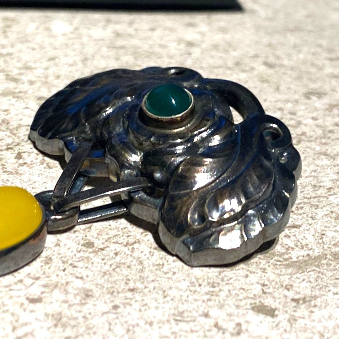Georg Jensen Heritage 2008 Annual Brooch Silver 925 Green Yellow Cabochon w/Box
