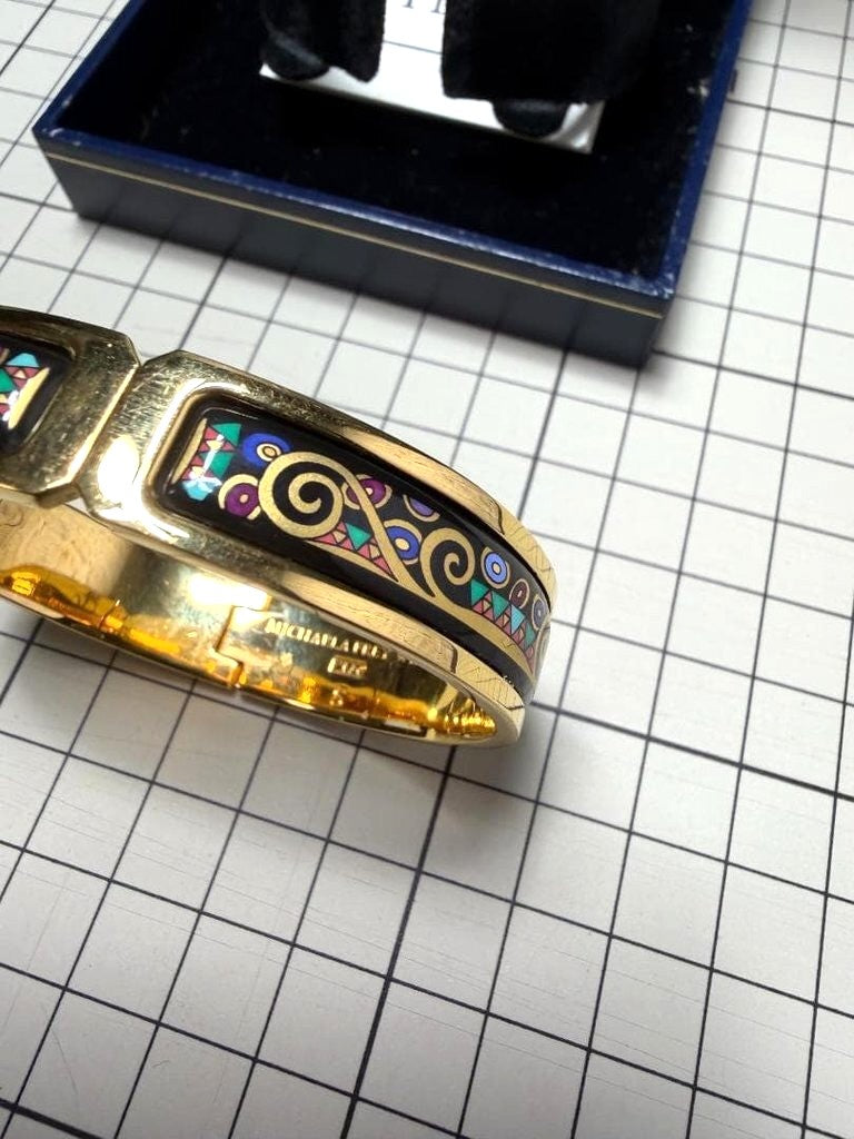 MICHAELA FREY WIEN Enamel Bangle Bracelet Gold Tone Black Vienna Austria Used